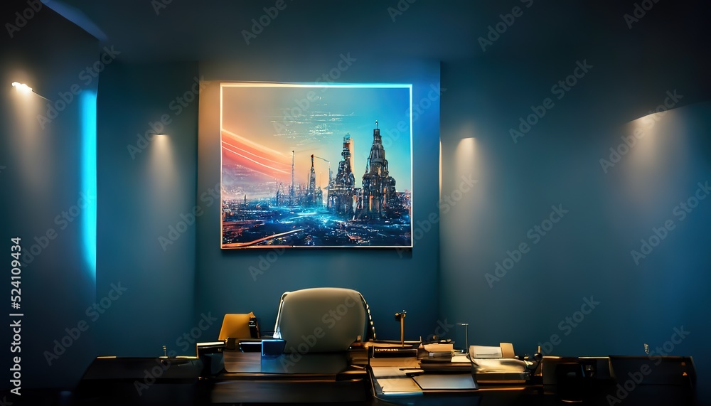 Poster composite image of computer in front of window in office.