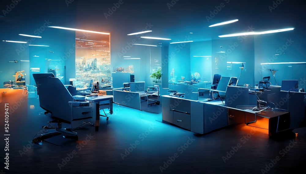 Poster composite image of computer in front of window in office.