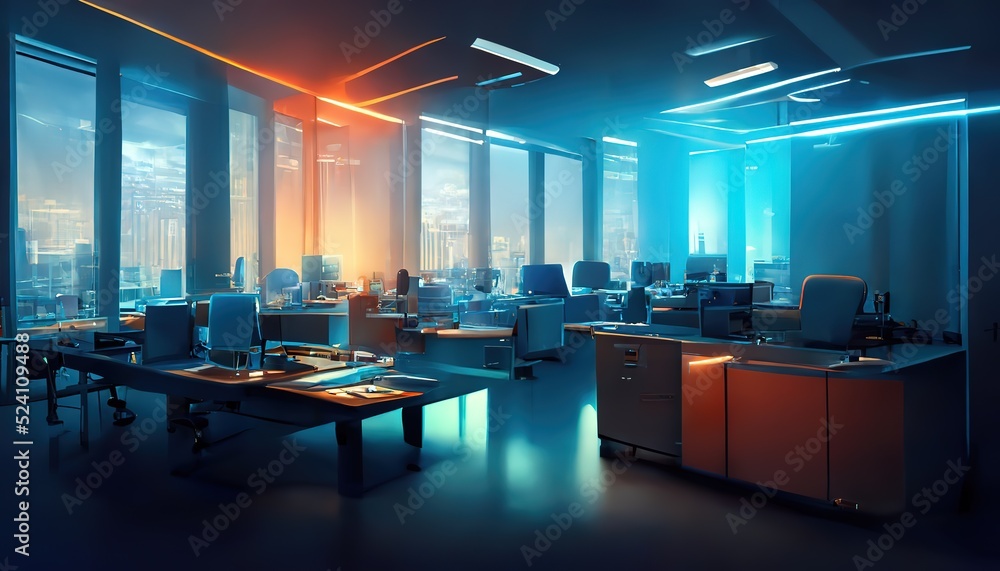 Poster composite image of computer in front of window in office.