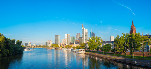 Fototapeta na wymiar Skyline of Frankfurt. financial center of the country. Travel and sights of city breaks. landmarks, travel guide Europe. Banner or panoramic postcard