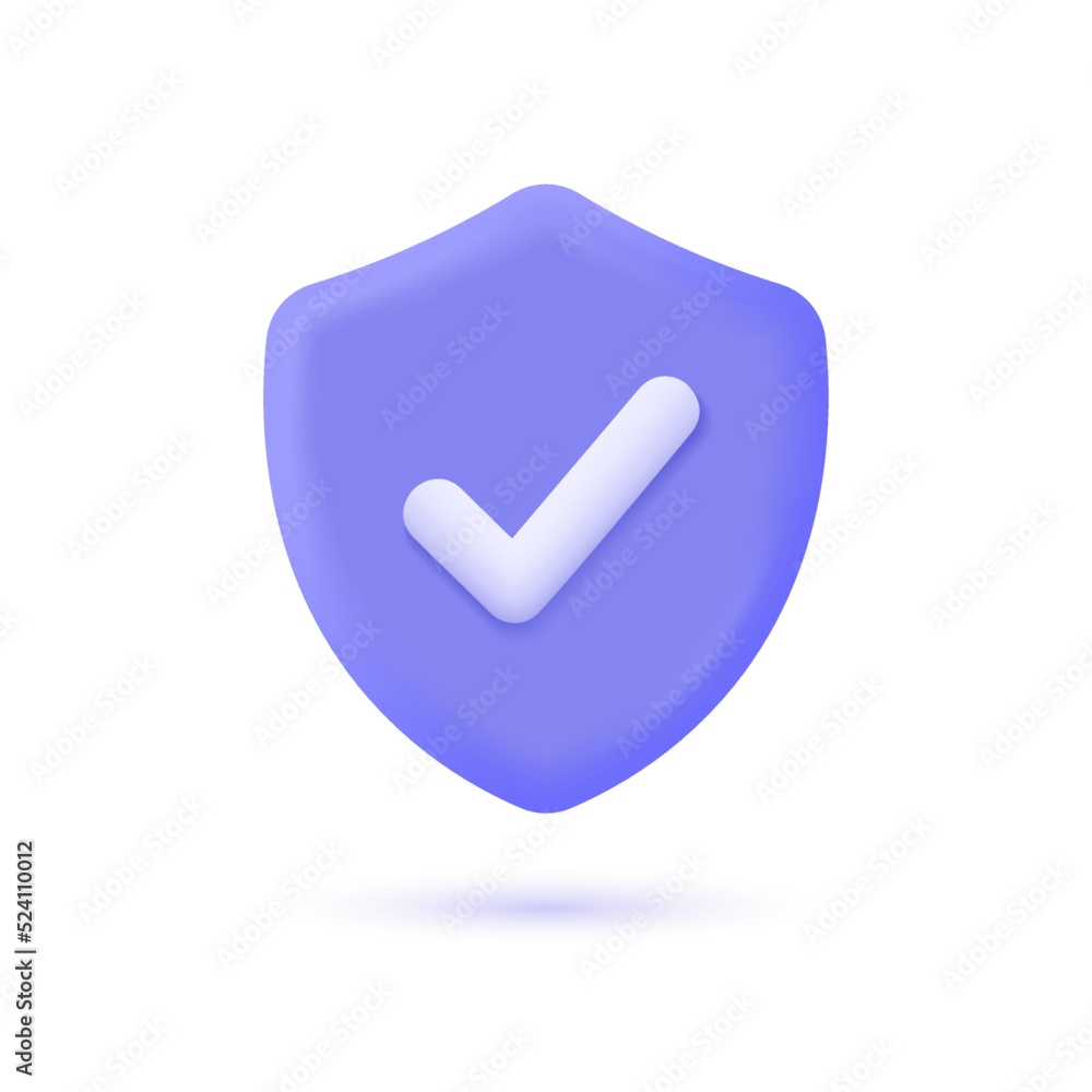 Poster 3d shield and check mark icon in minimalistic cartoon style. safety and security concept. vector ill