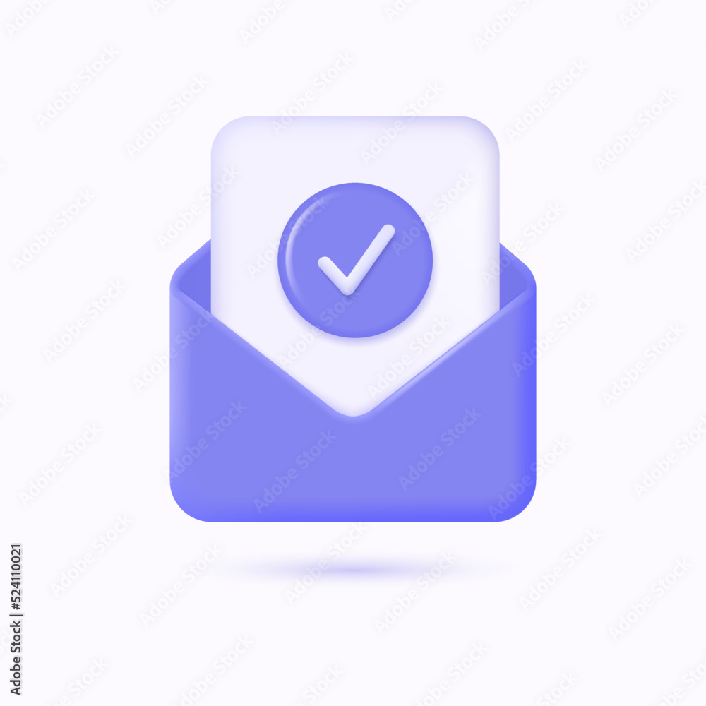 Poster 3d mail envelope with a file inside and a check mark icon in a realistic cartoon style. the concept 