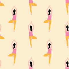 Vector seamless pattern with a girl doing yoga.The concept of sport, gym, yoga, pilates, fitness. Healthy lifestyle. Health benefits for the body, mind and emotions. Vector illustration.