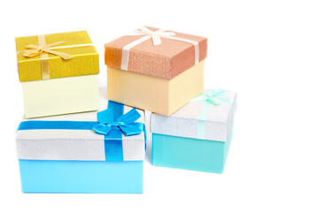 Holiday gifts in gift boxes white background.