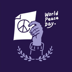 THE HAND IS HOLDING A PAPER WITH A PEACE SIGN. WORLD PEACE DAY VECTOR DESIGN