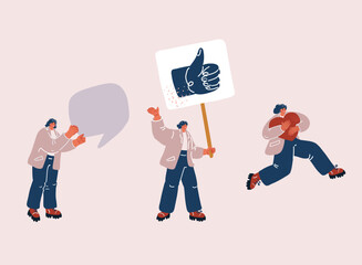 Vector illustration of girl with hearts emoji social media thumbs up and speech bubble