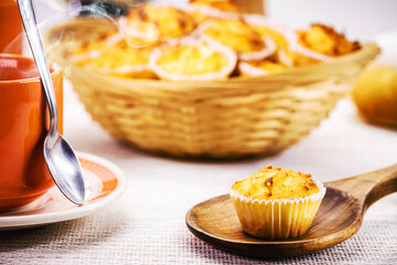 Queijadinha or queijada, sweet baked dessert from a traditional bakery and pastry shop from Brazil and Portugal, made with eggs, cheese or coconut, and lots of sugar.