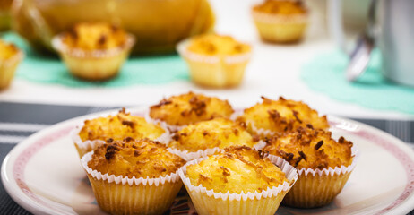 Typical sweet from Brazil and Portugal, called queijadinha or queijada. Homemade dessert, pastry from bakery or traditional confectionery