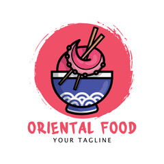 ORIENTAL FOOD CARTOON LOGO WITH OCTOPUS TENTACLE IS HOLDING CHOPSTICKS