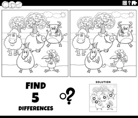 differences task with cartoon farm animals coloring page