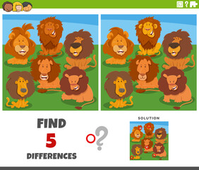 differences game with cartoon lions animal characters