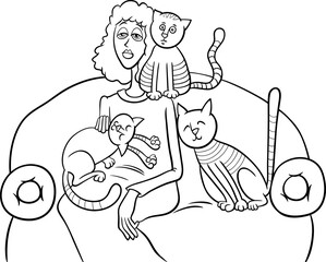 woman with her cats on the sofa cartoon coloring page