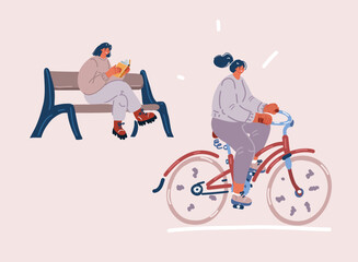 Vector illustration of women riding a bicycle and sitting bench