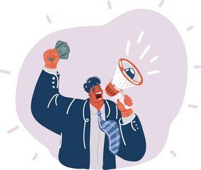 Vector illustration of man Shouting In Loudspeaker. Holding Megaphone, Making Announcement