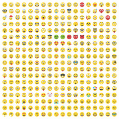 Huge set of vector emoticons, various emoji faces flat icons, big set for web design, cartoon yellow emotions circle icons, smiling, laughing and crying.