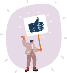 Vector illustration of woman hold banner with thumb up symbol on it