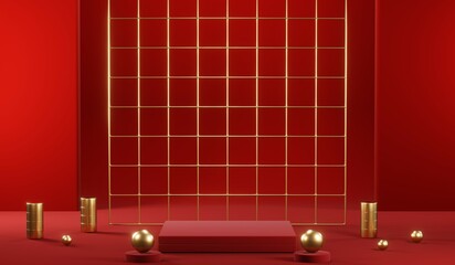 3D rendering of blank product background for cream cosmetics Modern red podium background