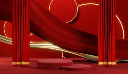 3D rendering of blank product background for cream cosmetics Modern red podium background