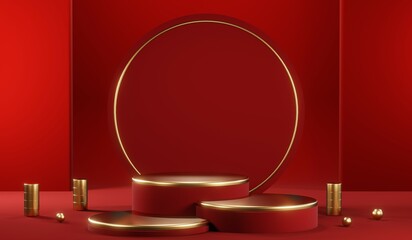 3D rendering of blank product background for cream cosmetics Modern red podium background