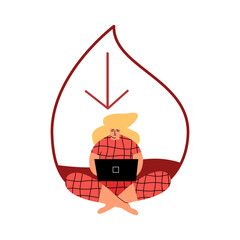 A girl with diabetes is looking for information about the disease on the Internet. Anemia or hypoglycemia concept. Vector illustration