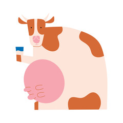 Big funny cow with milk. Vector illustration in cartoon style