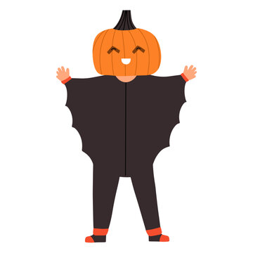 A child in a bat costume with a pumpkin on his head. Halloween character isolated vector illustration in flat style