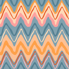 Simple seamless zigzag pattern of rough stripes.Yellow,pastel beige and pink colors on blue.Colorful hand drawn background and texture for printing on fabric and paper.Vector template for design card.