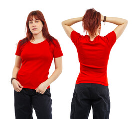 Young beautiful woman wearing blank red shirt - 524113473