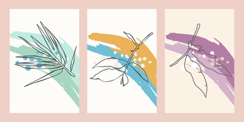 Set of contemporary art prints with abstract leaves. Modern vector design.