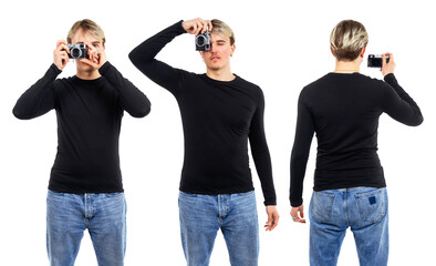 Young man wearing blank black shirt - 524113492