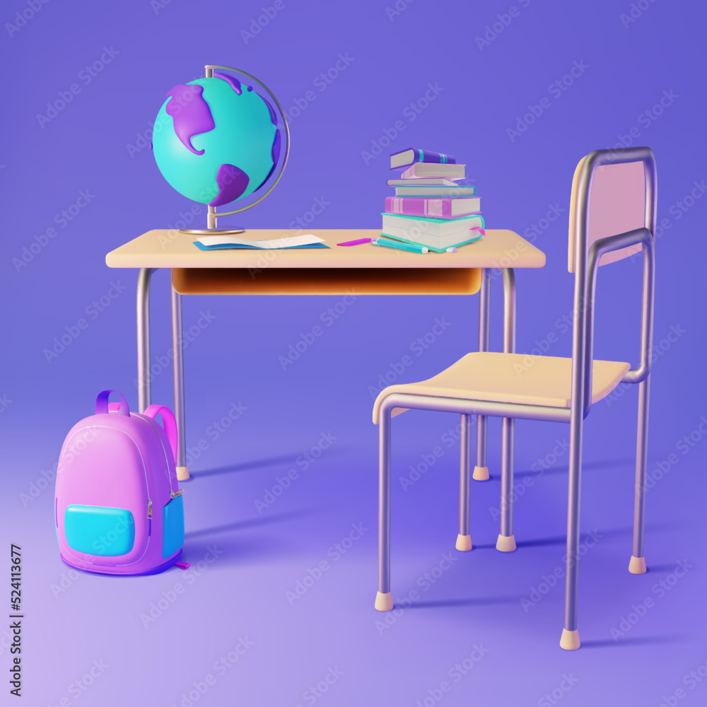 Sticker 3d School Desk Table Chair and Accessory Study and Learn Concept Plasticine Cartoon Style. Vector illustration