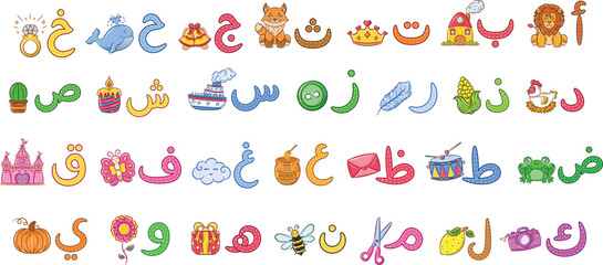 Obraz na płótnie Canvas Arabic Alphabet letters learning with cute objects set pack