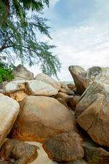 Fototapeta na wymiar Rocky seaside scenery at Besar Island or Pulau Besar in Mersing, Johor, Malaysia