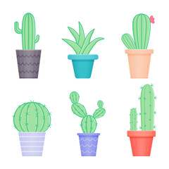 Cactus icons in a flat style on a white background. House plants cactus in pots and with flowers. A variety of decorative cacti with and without thorns.