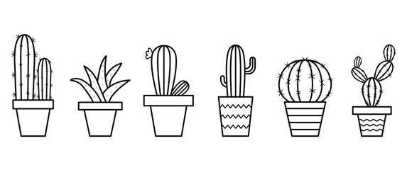 Vector illustrations of domestic cacti. Hand-drawn outline of cacti in pots set. Elements of the nature of cactus plants with thorns.