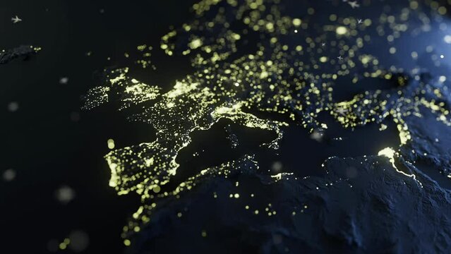 Map of aircraft flights over Europe. Glowing night map of Europe with flight routes from various cities.