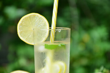 Fresh summer drink. Cold lemonade with mint lemon and lime on a nature outdoor background. Mojito summer refreshing cocktail with ice and mint