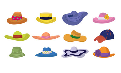 Summer cap or cartoon hat and sunhat set icon. Beach accessory girl and elegant clothes isolated vector illustration. Headdress collection element and headgear with ribbon for sea. Flat head clothing - obrazy, fototapety, plakaty