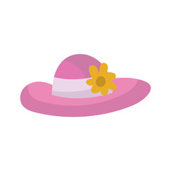 Summer cap or cartoon hat and sunhat icon. Beach accessory girl and elegant clothes isolated vector illustration. Headdress element and headgear with ribbon for sea. Flat head clothing