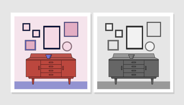 illustration of furniture with pictures above on the wall. 