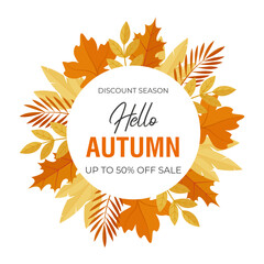 Round banner for the autumn sale. Autumn forest leaves frame. Vector design of a discount offer with autumn leaves on a white background for social media post, web banner, print.