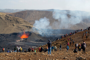 MERADALIR, ICELAND - AUGUST 14, 2022: A volcanic eruption has started at Fagradalsfjall in the...