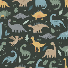vector green pattern with cute dinos in boho style