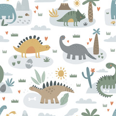 vector seamless pattern with cute dinos on white - 524117298