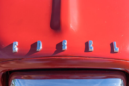 Front hood emblem of an old Ford Edsel automobile