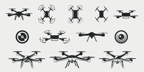 Set of 12 Drone icons isolated on white background. 12 Drone, UAV design elements. Vector illustration	
