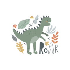 cute vector concept with dino and leaves