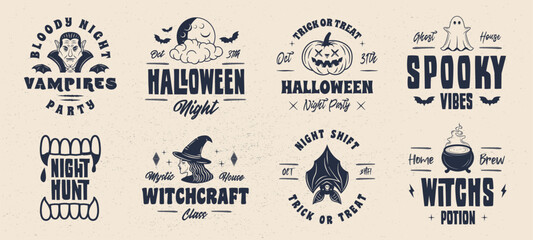 Halloween logo set. Spooky, scary emblems. Halloween design. Retro prints for T-shirt, typography. Vector illustration