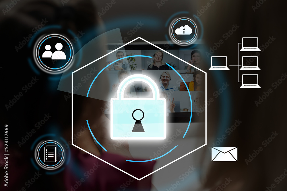 Poster digital padlock icon, cyber security network and data protection technology on virtual interface scr