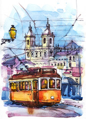 Obraz premium Old Tram Lisbon Portugal. Watercolor Travel Sketch. Lisbon cityscape. Portugal Architecture. Streets of the old city